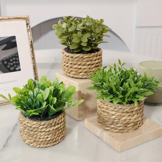 Artificial Green Leaf Flowers in Rattan Vase - DECO