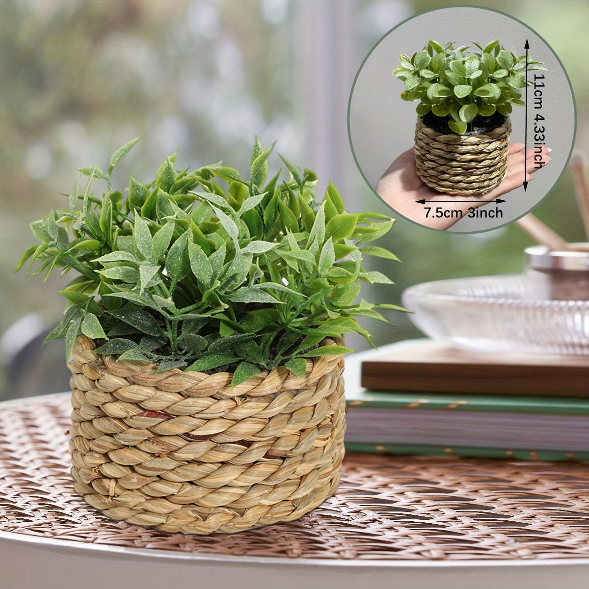 Artificial Green Leaf Flowers in Rattan Vase - DECO