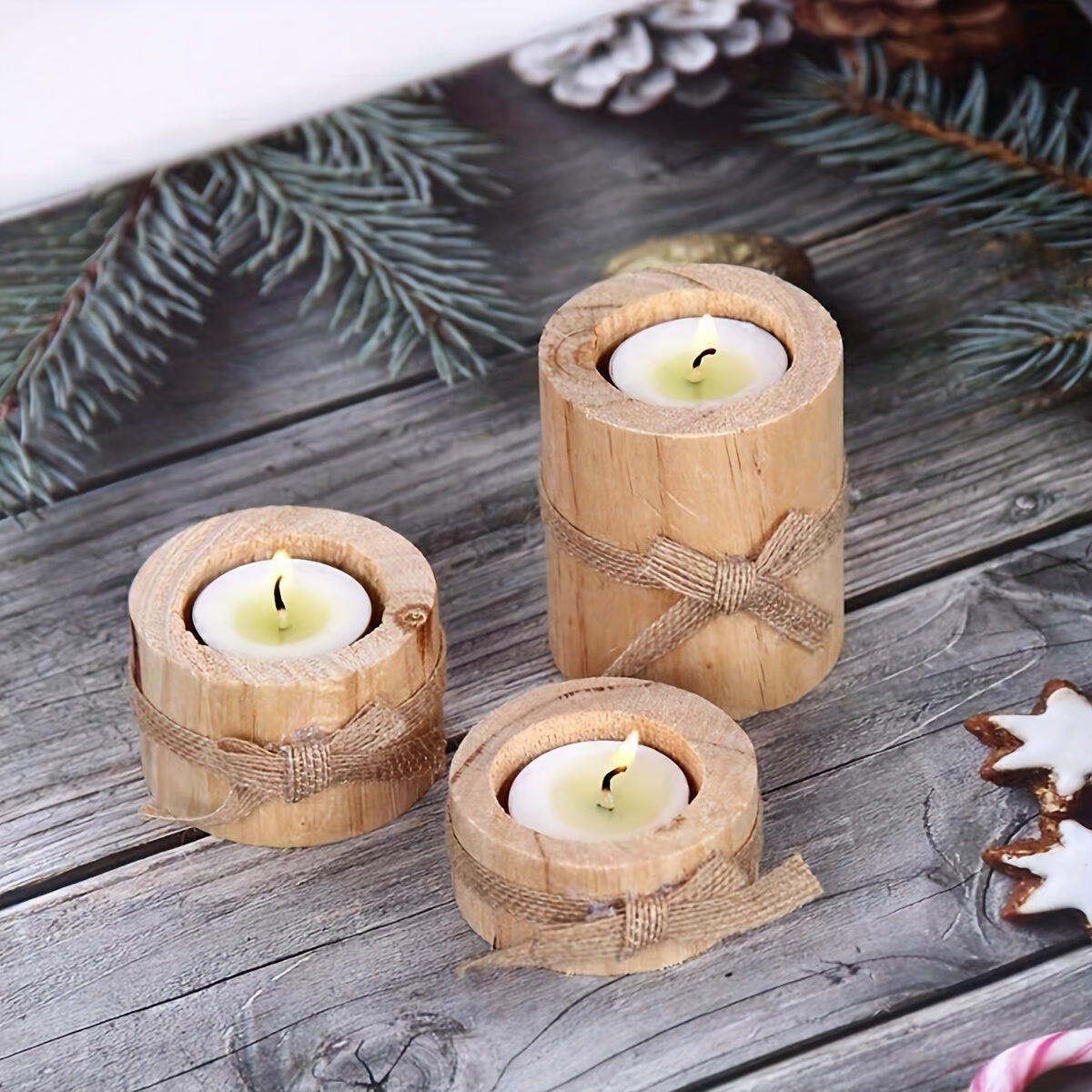 Wooden Pine Candlestick 3 pcs - DECO