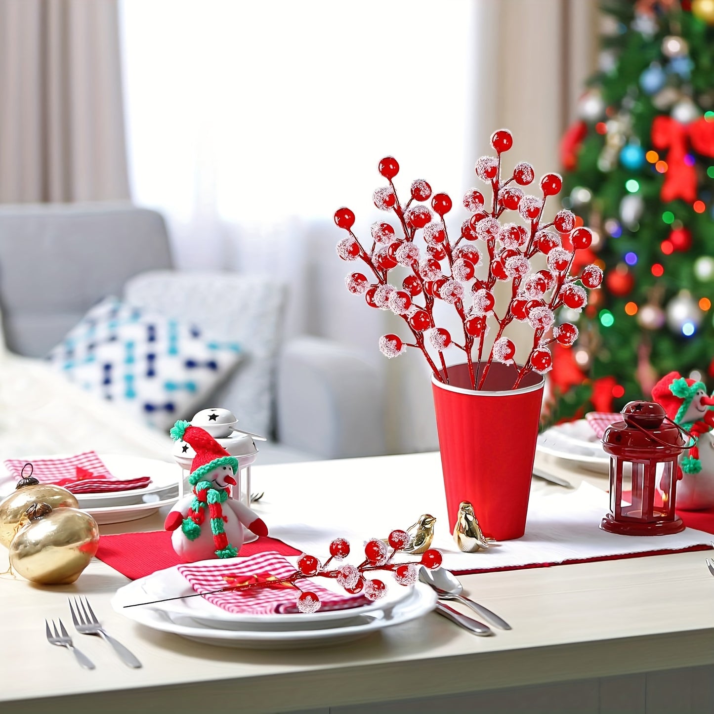 Snow Frosted Red Berry Stems (10 pcs) - DECO