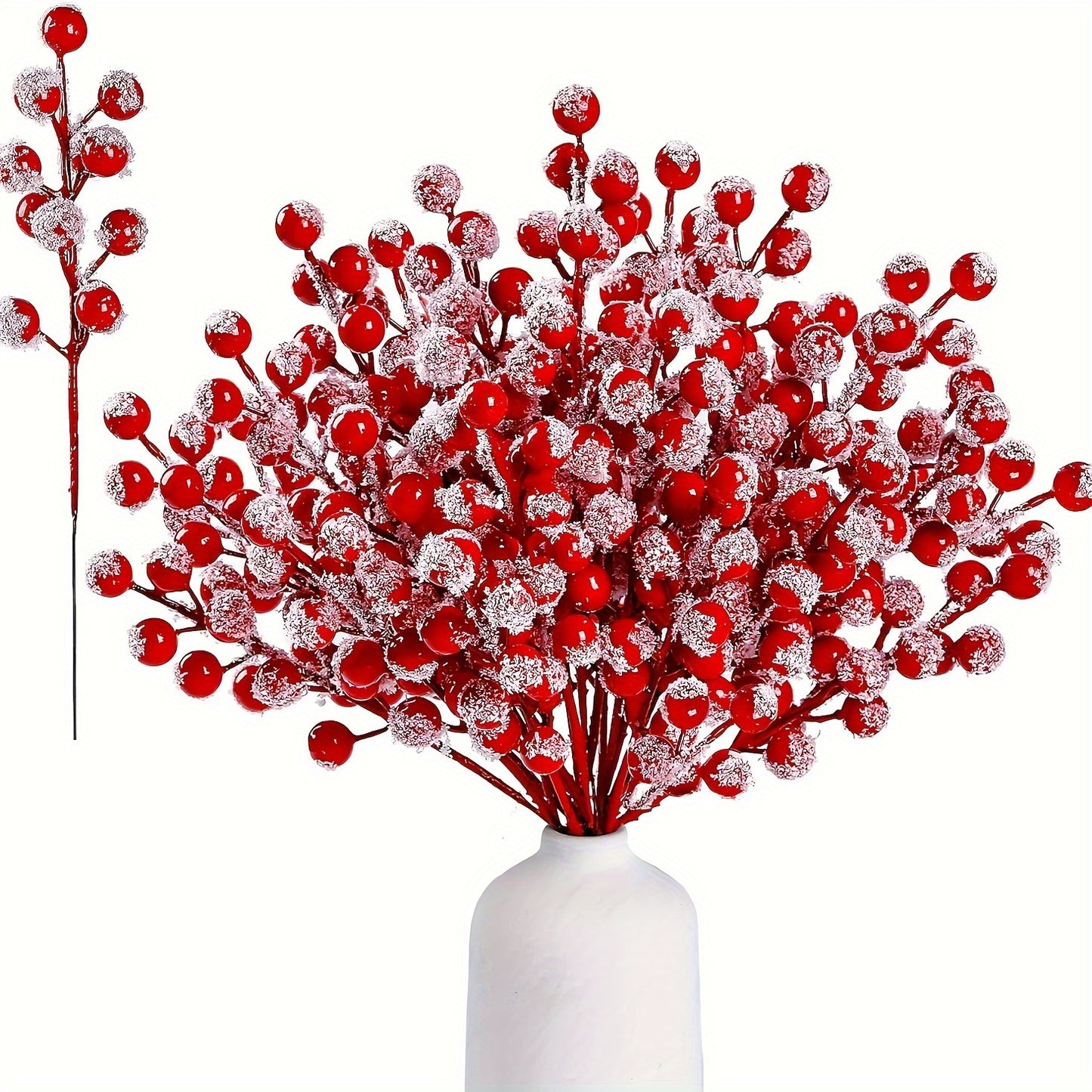 Snow Frosted Red Berry Stems (10 pcs) - DECO