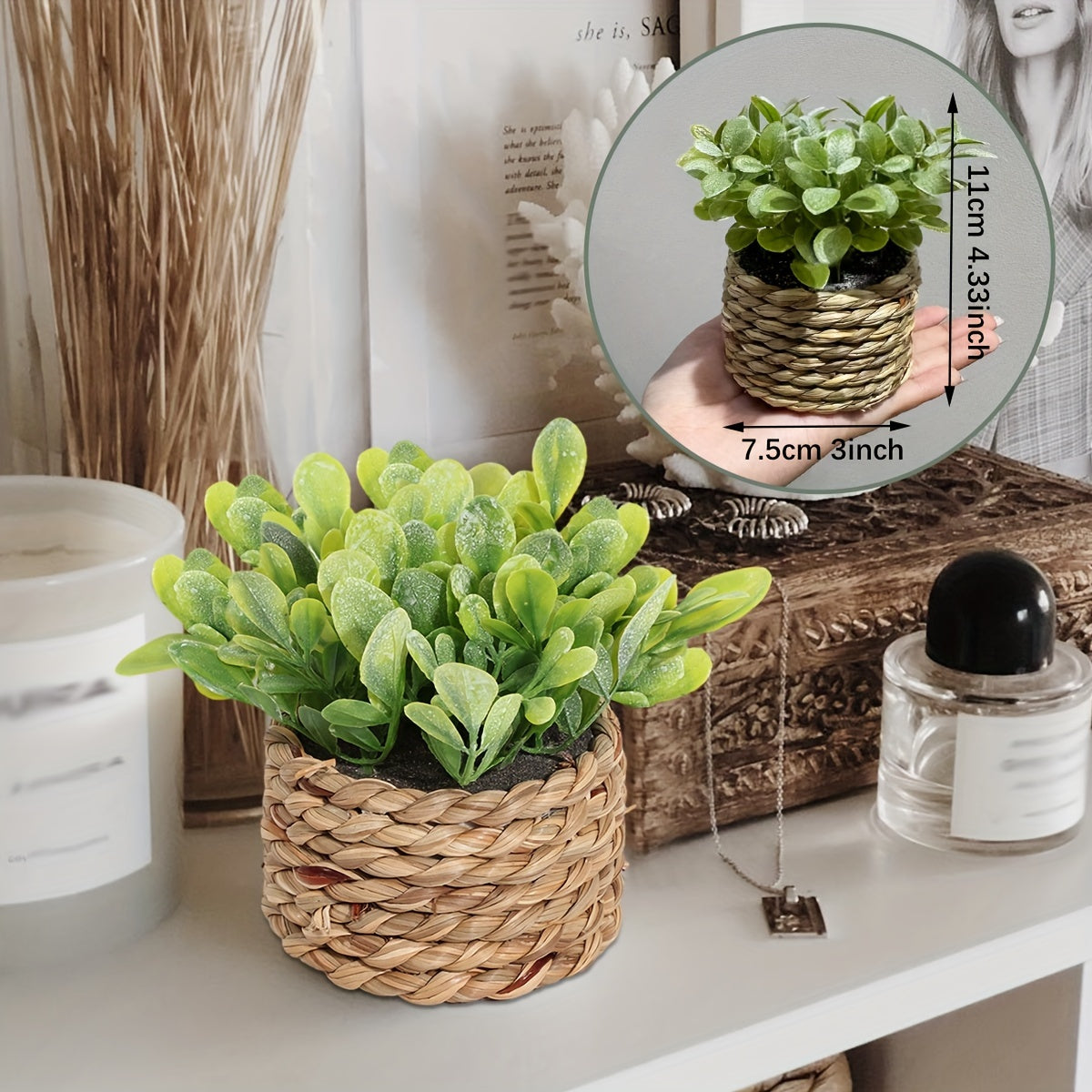 Artificial Green Leaf Flowers in Rattan Vase - DECO