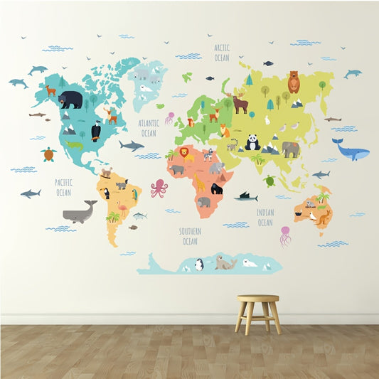 Cartoon Animals World Map Wall Sticker - DECO